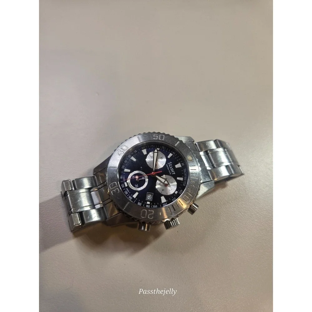 Stauer Bathos Dive Chronograph Mens Watch 47mm Black Dial Swiss Made SS